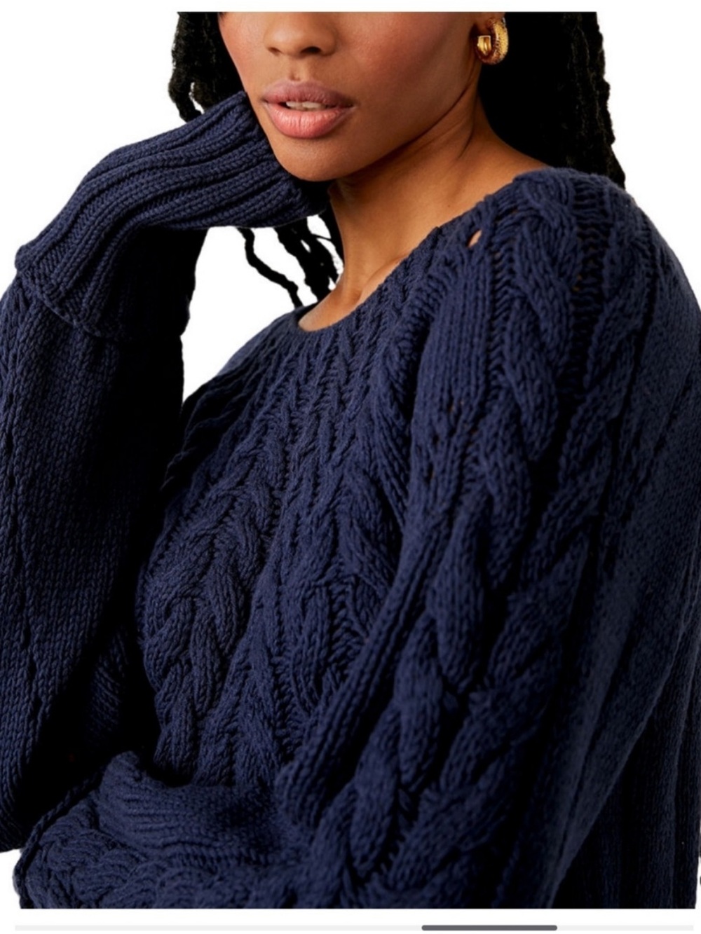 Free People Navy Pointelle and Cable Knit Sweater with Blouson Sleeves - Picture 5 of 13
